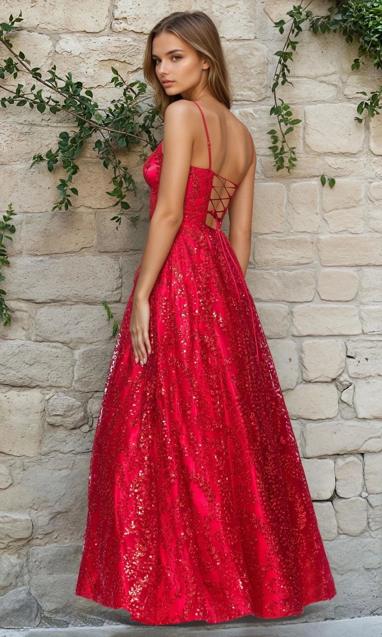 A woman stands in front of a vine-covered stone wall wearing the Glitter-Print Prom Ball Gown by Blondie Nites 5539BN—a long, sparkly red formal dress featuring thin straps and an open lace-up back.